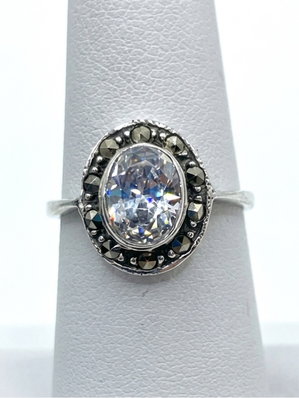 VTG Sterling Silver 925 Oval Clear Gemstone Ring with Marcasite Halo Size 6